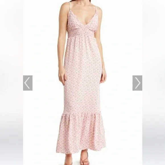 KNOW ONE CARES Satin Maxi Dress Pink / Cream size large - Picture 2 of 8